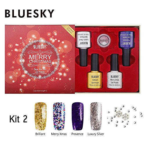 Bluesky 2016 NEW Limited Edition Xmas Kits Gift Set UV/LED Soak Off Gel Nail Polish with FREE Nail Art / Diamantes / Decoration - Perfect Christmas Present! (Set 2)