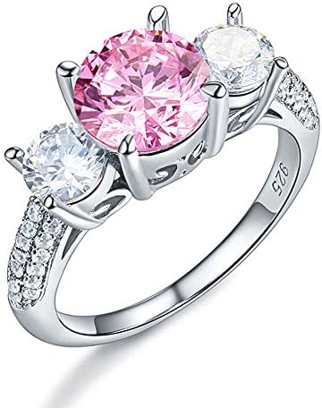 925 Silver Pink 3 Stones Wedding Engagement Ring (P 1/2)