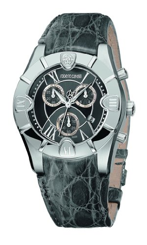 Roberto Cavalli Unisex Diamond Chronograph Watch R7251616155 with Grey Dial, Crocodile Strap and Stainless Steel Case