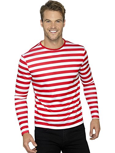 Smiffys Stripy T-Shirt, Red with Long Sleeve, Circus Fancy Dress, Adult Dress Up Costumes