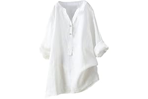 HAOLEI Linen Tops for Women UK Plus Size,Ladies Long Sleeve Tops Cotton Linen Button V Neck Henley Shirts Elegant Loose Lagenlook Top Work Summer Blouses Boho Solid Color Tee Shirt Tunic Tops Deals