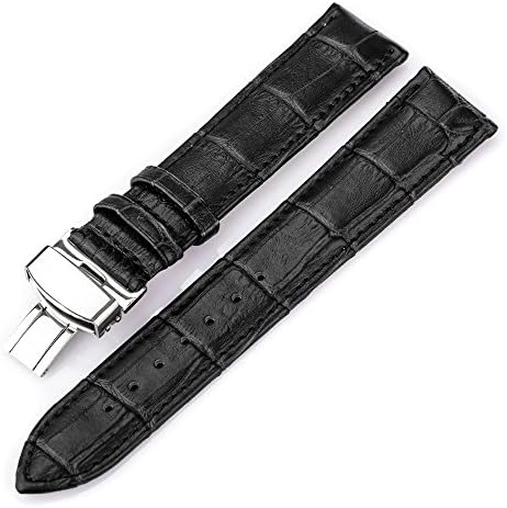 Elegant crocodile embossed real leather watch strap/band, stainless steel deployment clasp (24mm, BLACK)