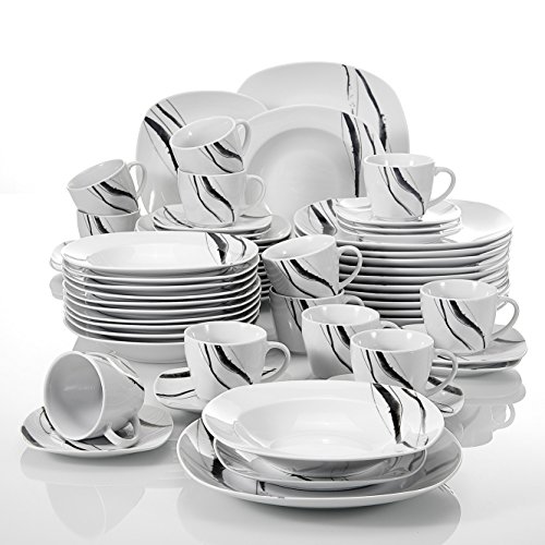 Veweet Tafelservice 'Teresa' aus Porzellan 60 Teilig | Kombiservice beinhatlet Kaffeetassen 175 ml, Untertasse, Dessertteller, Speiseteller und Suppenteller| Komplettservice für 12 Personen