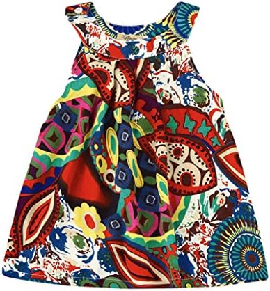 BESTOPPEN Toddler Baby Girls Cotton Bohemian Princess Party Dress Girl Cute Backless Flower Printing Swing Dresses Tutu Sleeveless Beach Sundress Dress Clothes for 2-6 Years Old (100/2T, Red)