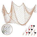 PACK ARTÍCULOS. El paquete incluye: 1 x red de pesca decorativa de algodón (Tamaño: 2 m * 1 m), 10 x clips de madera con corazón negro, 10 x clips de madera con corazón blanco, 10 x clips de madera con corazón rojo. Un conjunto completo para la decoración de su hogar