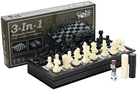 3-in-1 Folding Magnetic Travel Chess &amp; Checkers &amp; Backgammon Chess Set by Toiz for Kids or Adults Chess Board Game (9.8X9.8X0.8 Inch)