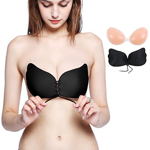 sumuya Adhesivo bra Invisible Bra Push up de Silicona Sujetador Invisible Adhesivo Reutilizable sin Tirantes sin Espalda para Mujer, Tallas de Copa: A, B, C, D. (A, Negro)