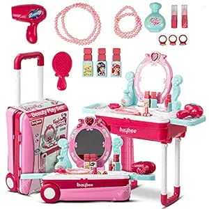 GoodLuck Baybee 2 in 1 Kids Beauty Makeup Kit Set Toys for Girls Convertible Dressing Table Portable Trolley Suitcase Pretend Play Toys with Make up Accessories Role Play Kids Toys 2+ Years Girls Pink