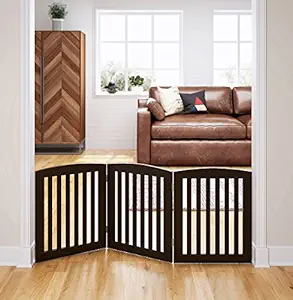 PAWLAND Wooden Freestanding Foldable Pet Gate for Dogs, 24 inch 3 Panel Step Over Fence, Dog Gate for The House, Doorway, Stairs, Extra Wide, Espresso