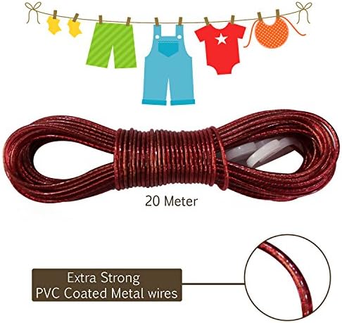 AllExtreme 20 Meter PVC Coated Steel Anti-Rust Wire Rope Washing Line Clothesline with 2 Plastic Hooks(Red)