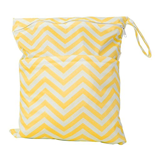 OULII Wave Pattern Washable Reusable Waterproof Zippered Baby Cloth Diaper Nappy Bag Wet Dry Bag Tote with Soft Snap Handle (Yellow)