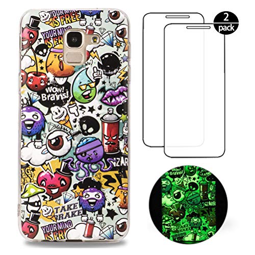 Xiao XiMi Funda Samsung Galaxy J6 2018 + [2 Pack] Protector Pantalla, Carcasa Luminoso de Silicona Ultra Fino Funda Ligero Anti-Rasguño Anti-Golpes para Samsung J6 2018 - Cute Monster