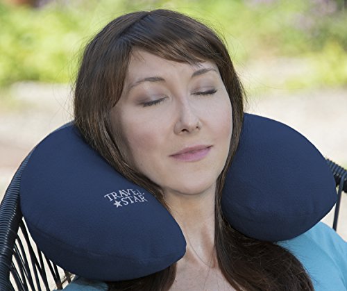 2er Set: Aufblasbares Nackenhörnchen + Kissen mit Fleece-Bezug (Blau) (TS-N-4000) - 2