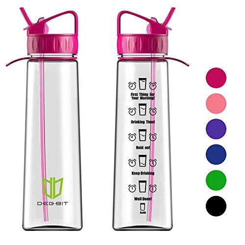 Sports water bottle with straw and time markings