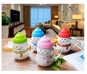KELVEE Cute Santa Clause, Christmas Mug with Silicon Lid Cover for Tea/Coffee/Milk,Ceramic Snow Man Best Gift Home Decoration,Multicolor, 300 ml, Pack of 4