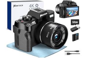 Monitech Appareil Photo numérique pour la Photographie，Caméra d'enregistrement vidéo 4K pour Youtube avec écran pivotant à 180°, Zoom numérique 16x, Carte TF 32GB, 2 Batterie，S100 WT