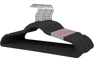 ‎WELLONG Wellong Velvet Hangers, 42 cm Non-Slip Felt Hangers, Sturdy Suit Hangers with Shoulder Notches, Space Saving Hangers for Coats, Trousers, Silver, Pack of 22 - Black