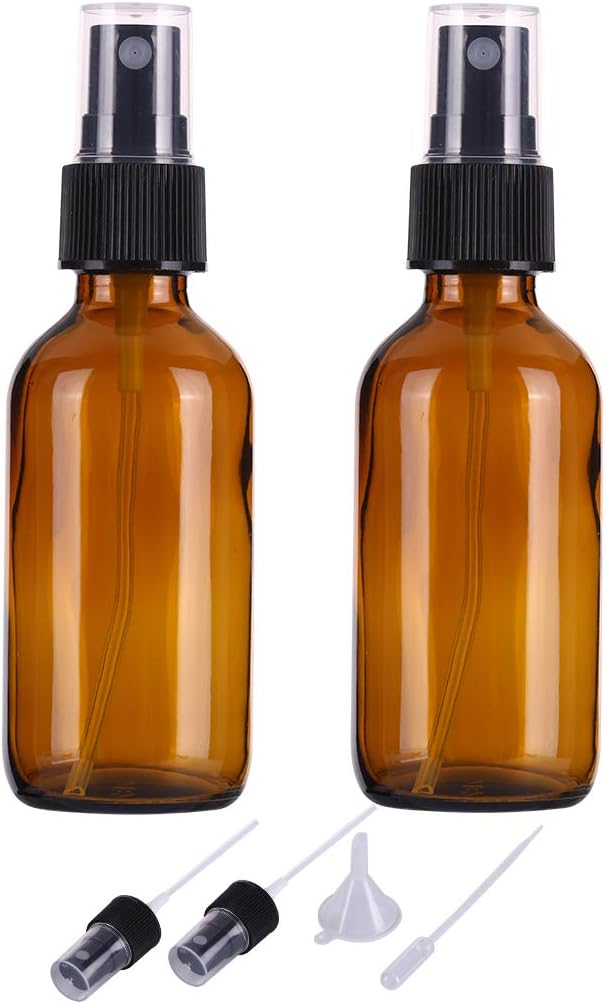ALIFEIA 2 x Botellas de spray de vidrio ámbar vacías de 60 ml para aceites esenciales, botellas de spray de niebla fina de viaje recargables pequeñas, limpiadores caseros y dispensador de niebla fina