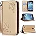 Produktbild SMART LEGEND Lederhülle für Samsung Galaxy S4 Ledertasche Hülle PU Leder Flip Schutzhülle Retro Schmetterling Blumen Rose Muster im Bookstyle Folio Wallet Brieftasche mit Eingebautem Magnet Smart Case Backcover Handyhülle Kompletter Schutz Cover Tasche mit Standfunktion und Karte Halter - Gold