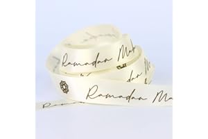 ASHPRINT (LONDON) LIMITED Ramadan Mubarak Ribbon, Satin Eid Mubarak Ribbon, Happy Eid Gift Wrapping Ribbon, Muslim Party Supplies, DIY Candy Bags Gift Packing Bouquet Wrapping Ribbon, 5 Colours 16mm Width (10m Reel, Ivory)