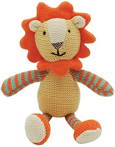Knitted Lenny Lion baby soft toy rattle in vibrant colours