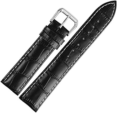 19mm Black Replacement Watch Band Matt Finish Crocodile Embossed with Spring Bars Contrast White Stitching