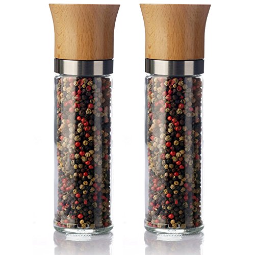 Pfeffermühle SET (2 Stück) Salzmühle Gewürzmühle unbefüllt mit Keramik Mahlwerk - 235ml - Höhe 20.5cm - Buchenholz