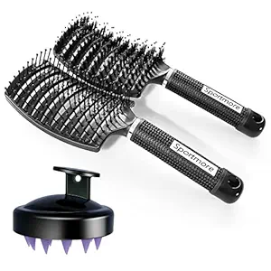 Hair Brush Set,Curved Vented Brush,Professional Styling Detangling Hair Brush for Women Men Wet Dry Curly Thick Hair,with Shampoo Scalp Massager (Black)