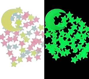 Stickonn Plastic Astronomy themed Fluorescent Glow In The Dark Star Wall Sticker (Multicolour, 3x3 cm) - 50 Stars And 1 Moon
