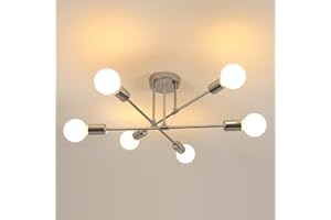 Goeco Lampadario Sputnik Vintage, E27 Plafoniera da Soffitto Industrial con 6 Portalampada, Lampada da Soffitto in Metallo per Camera da Letto Soggiorno, (Senza Lampadina), Cromo Dia. 60 cm