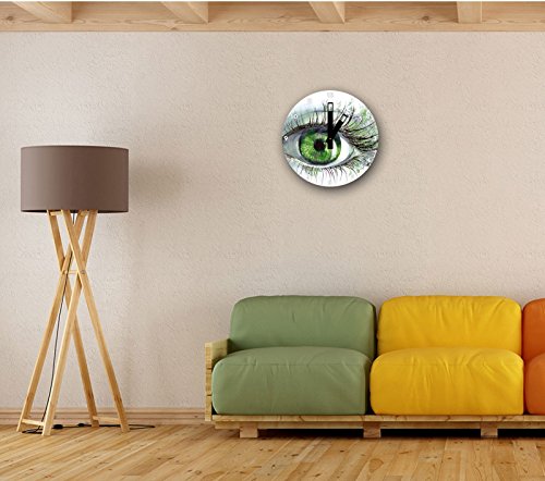 Grüne augen Kunst, Wanduhr Durchmesser 30cm mit schwarzen eckigen Zeigern und Ziffernblatt, Dekoartikel, Designuhr, Aluverbund sehr schön für Wohnzimmer, Kinderzimmer, Arbeitszimmer - 2