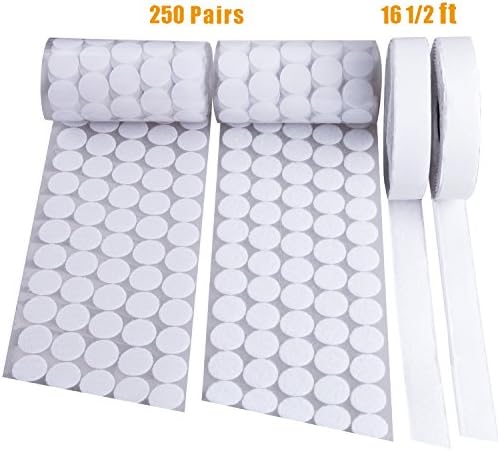 Hook &amp; Loop Velcro Self Adhesive Dots, 500pcs(250 Pair Sets) Sticky Back Coins Dots 3/4" Diameter + 2 Rolls Sticky Glue Dots Velcro Tapes White(3/4 In × 16 1/2 Ft), Perfect for School,Office, Home