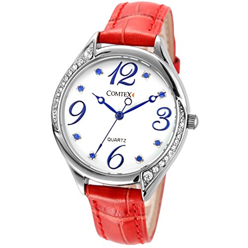 Comtex Damen Armbanduhr Analog Quarzuhr mit wei Zifferblatt und Rotes Leder Armband wasserdicht Comtex Damen Armbanduhr Analog Quarzuhr mit wei Zifferblatt und Rotes Leder Armband wasserdicht