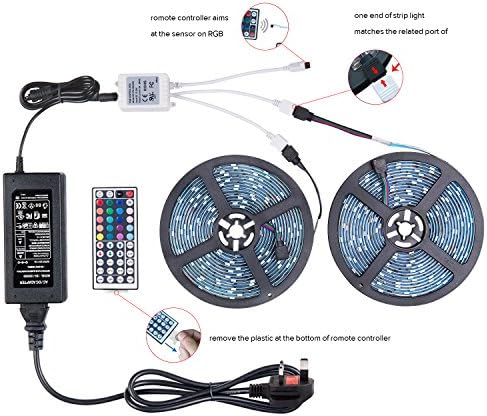 COLORFULLPWaterproof Led Strip Lights 16.4Ft 10m 5050 SMD 300LEDs RGB Led Lights, with 44key IR Remote Controller and Power Supply Included, Multi-coloured Led Light Strip for Home, Garden, TV Lightin