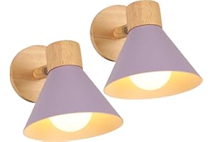 LIGKIN 2 Pezzi Lampade da Parete Interni Moderna E27 Applique da Parete Industriale Vintage Lampada da Parete Ruotabile in Legno Lampada a Muro per Camera Soggiorno Caffè, Ø18cm(Viola)