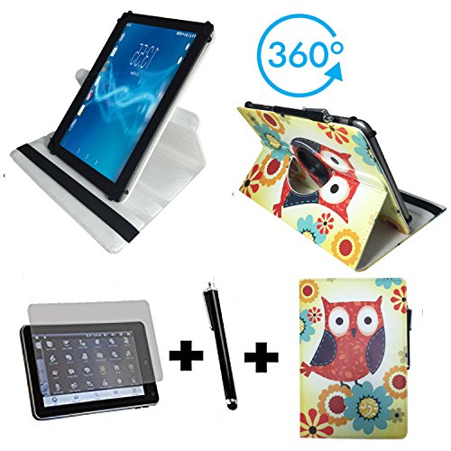 3er Starter Set für Acer Iconia Tab 10 A3-A40 Tablet PC Tasche + Stylus Pen + Schutzfolie - 10.1 Zoll Eulen mit Blumen 360°