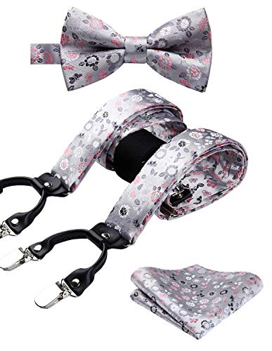 Enlision Tirantes florales Corbata de lazo pre atada Bolsillo cuadrado Gris Suspender ajustable