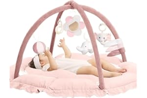 KONTARBOOR Tapis d’éveil Bébé Rembourré et Réversible – 120x90x73 cm – Tapis de Jeu bébé Matelassé Confortable avec Jouets Sensoriels Inclus (Rose)