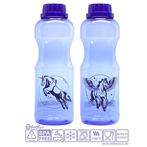 Preisvergleich Produktbild SPARSET 2x weichmacherfreie ( BPA-frei ) 0,75l Trinkflasche aus TRITAN ® auslaufsicher, spülmaschinenfest mit Einhorn und Pegasus (dunkelblau), original waterplus, Beste Qualität made in Germany / robust, Smoothieflasche, Yoga, Lebensblume, auslaufsicher
