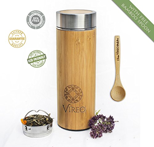 Teeflasche aus Rostfreiem Edelstahl Teebereiter Tee-Ei: 400ml Bambus Thermobecher | Tee & Kaffee Reisbecher | Thermoflasche mit Lose Tee-Löffel | Obst-Infuser Trinkflasche Umweltfreundlicher von VIREO