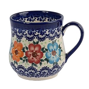 Traditional Polish Pottery, Handcrafted Ceramic Drop-shaped Mug (350 ml /12.3 fl oz), Boleslawiec Style Pattern, Q.102.BLUELACE