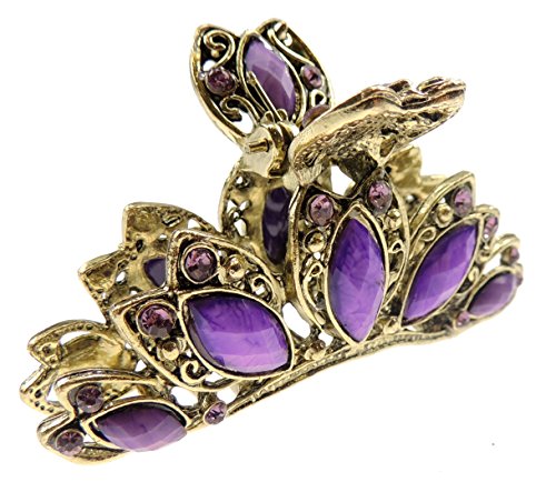 Beautiful Ladies Vintage Gold Tone Chunky Metal Hair Claw Clamp Tapered Tear Drops Purple