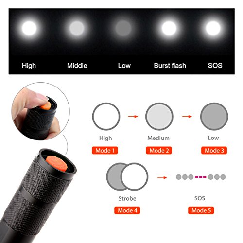 Led Taschenlampe Mit einstellbarem Fokus CREE XM-L T6 ,5 Modis Einstellbar LED Handlampe LED Camping Handlampe,, Wasserdicht Taschenlampen für Outdoor Sports－Schwarz - 2