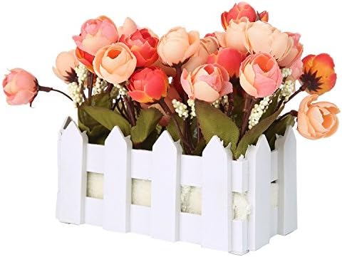 niceEshop(TM) Artificial Flowers Small Potted Plant Fake Camellia Sasanqua Set in Picket Fence,orange