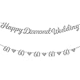 60th Wedding Anniversary Banner - Glitter Diamond Wedding Anniversary Bunting Decorations, 60th Wedding Anniversary Decorations, Happy 60th Anniversary with Silver Heart Bunting