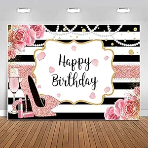 Sensfun 7x5ft Pink Floral Happy Birthday Backdrop for Women Glitter Rose Gold High Heel Champagne Photography Background Black White Stripes Decoration for Girl Sweet Birthday Party Banner Photo Booth