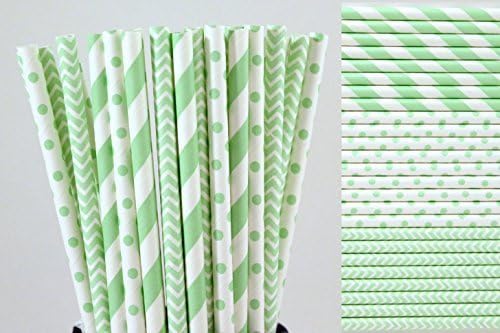 Mint Green Paper Straw Mix - Striped, Chevron, Polka Dots (75) by Creative Juice Cafe
