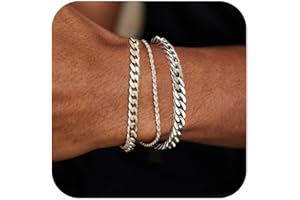 JEMARA 3 Pcs Mens Silver Bracelets, Sturdy Curb Stainless Steel Width Snake Rope Figaro Cuban Chain Bracelet Set 7/7.8+1.2inch