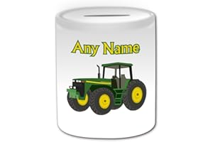 UNIGIFT Tirelire en forme de tracteur vert (thème de transport, blanc) – n'importe quel nom/message sur votre unique – Économisez votre cochon – Pour conducteur de véhicules lourds, camion, ferme, poids lourds, agriculteur