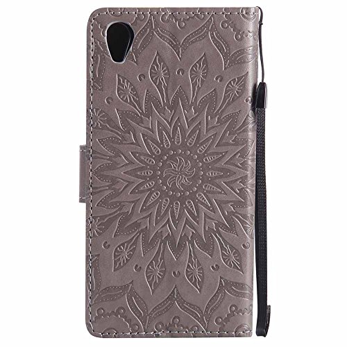 Xperia M4 Aqua Hülle, Dfly Premium Slim PU Leder Mandala Blume prägung Muster Flip Hülle Bookstyle Stand Slot Schutzhülle Tasche Wallet Case für Sony Xperia M4 Aqua, Grau - 3